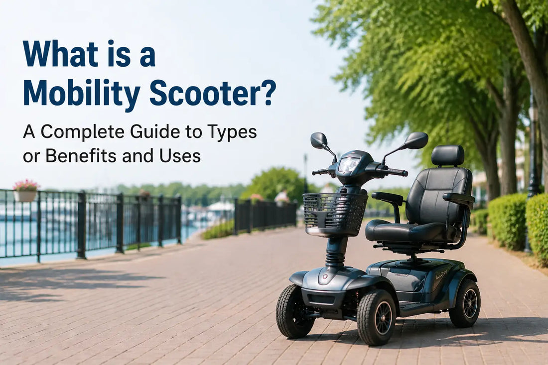 Landscape view of a modern four-wheeled mobility scooter on a sunlit riverside walkway, highlighting its features for travel and outdoor use. Featured for blog titled 'What is a Mobility Scooter? A Complete Guide to Types or Benefits and Uses.