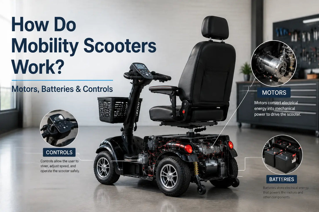Infographic of a mobility scooter with labeled callouts showing motors, batteries, and controls, set in a modern indoor setting. Illustrates how mobility scooters operate with detailed component breakdown for educational purposes.