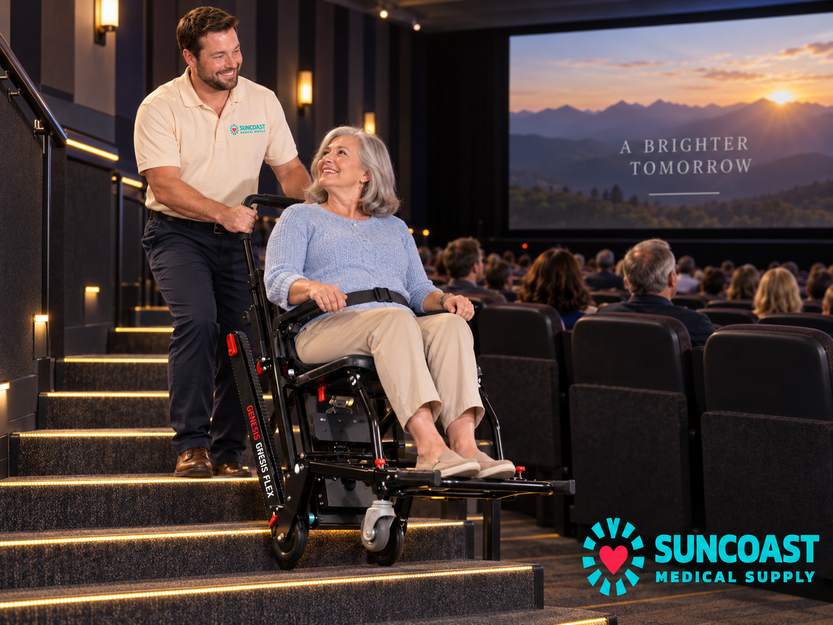 A Suncoast Medical Supply electric wheelchair lift transports an elderly woman up a staircase in a modern movie theater, with a large screen in the background showing a sunset and the text 'A BRIGHTER TOMORROW'.