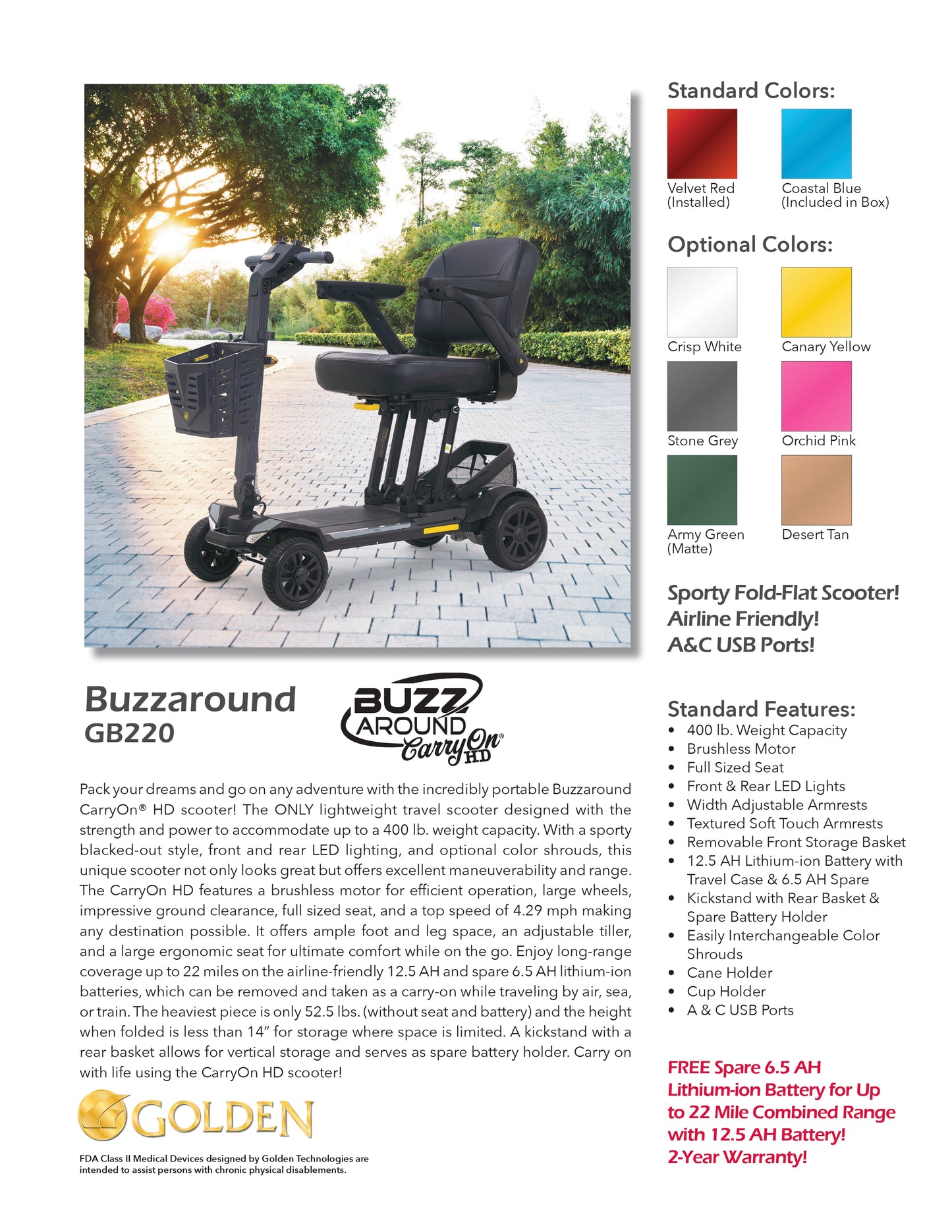 Golden Tech Buzzaround CarryOn HD GB220A Travel Mobility Scooter