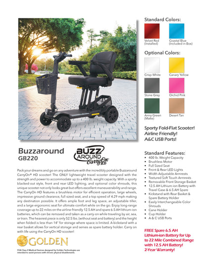 Golden Tech Buzzaround CarryOn HD GB220A Travel Mobility Scooter