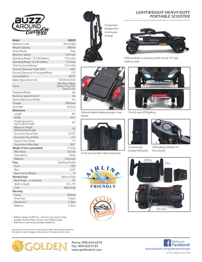 Golden Tech Buzzaround CarryOn HD GB220A Travel Mobility Scooter