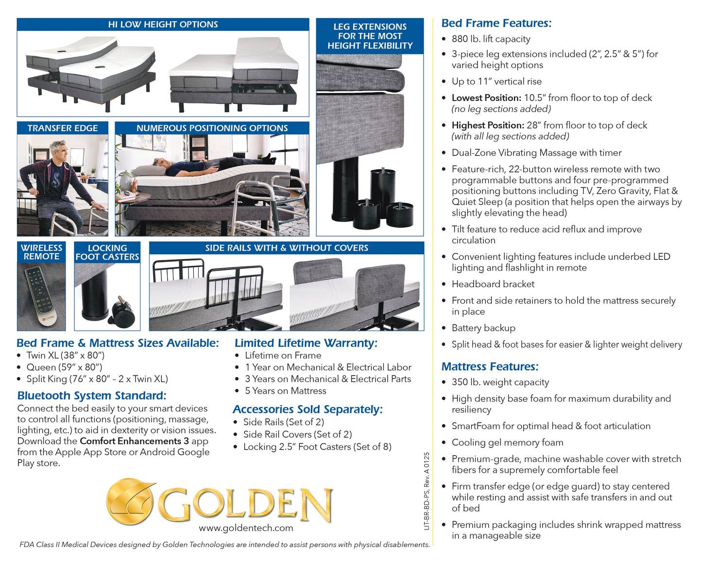 Golden Passport King Adjustable hi-low Bed Model BDA100 Split King