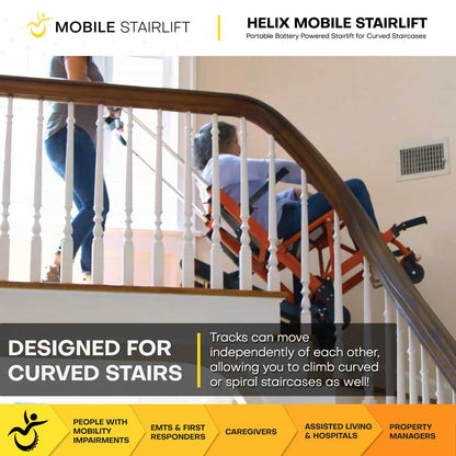 Helix Mobile Stairlift being used to assist a person in a wheelchair up a curved staircase.