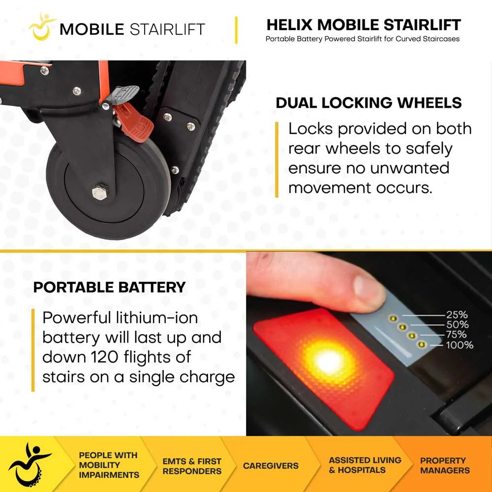 Helix Mobile Stairlift with dual locking wheels and portable battery display.