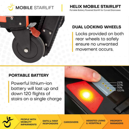 Helix Mobile Stairlift with dual locking wheels and portable battery display.