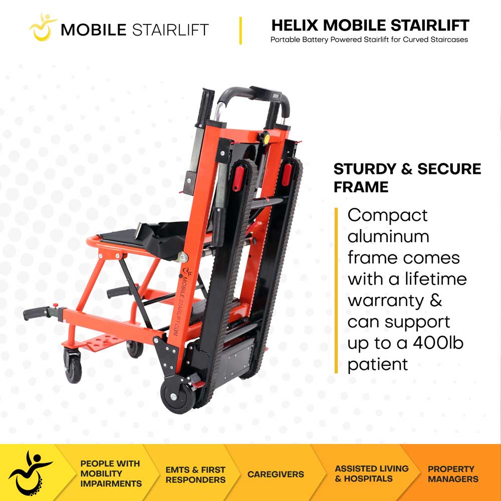 Helix Mobile Stairlift with features highlighted on a white background