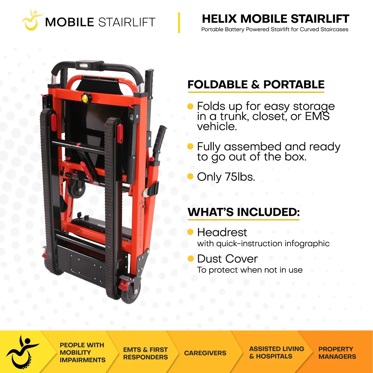 Helix Mobile Stairlift with features listed on a white background