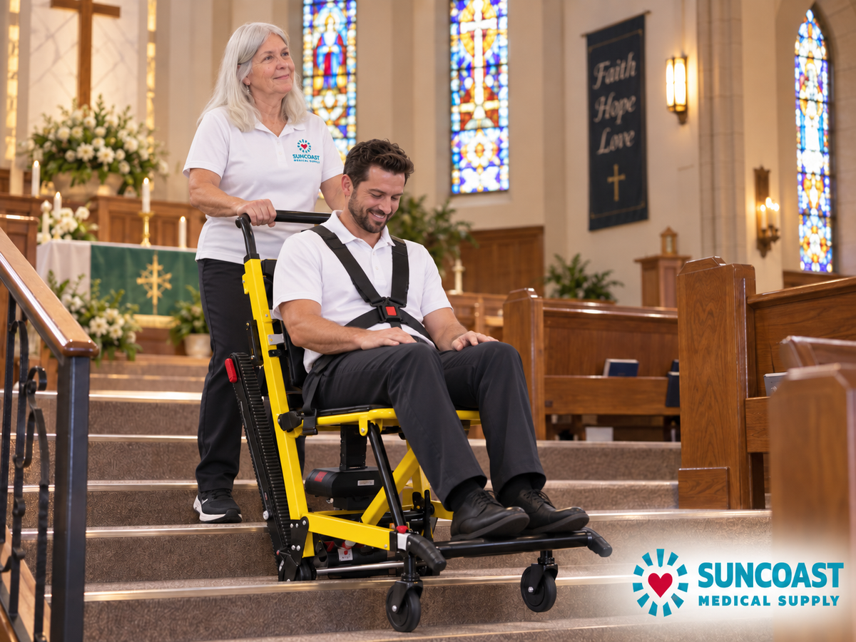 A man in a black wheelchair with a yellow frame and black harness is being pushed up church steps by a woman wearing a white Suncoast Medical Supply polo shirt. The church interior features stained glass windows, wooden pews, and a banner reading 'Faith Hope Love'.