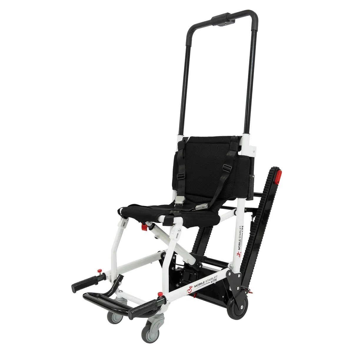 Mobile Stairlift with a white frame and black seat on a white background