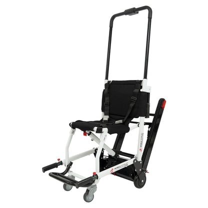 Mobile Stairlift with a white frame and black seat on a white background