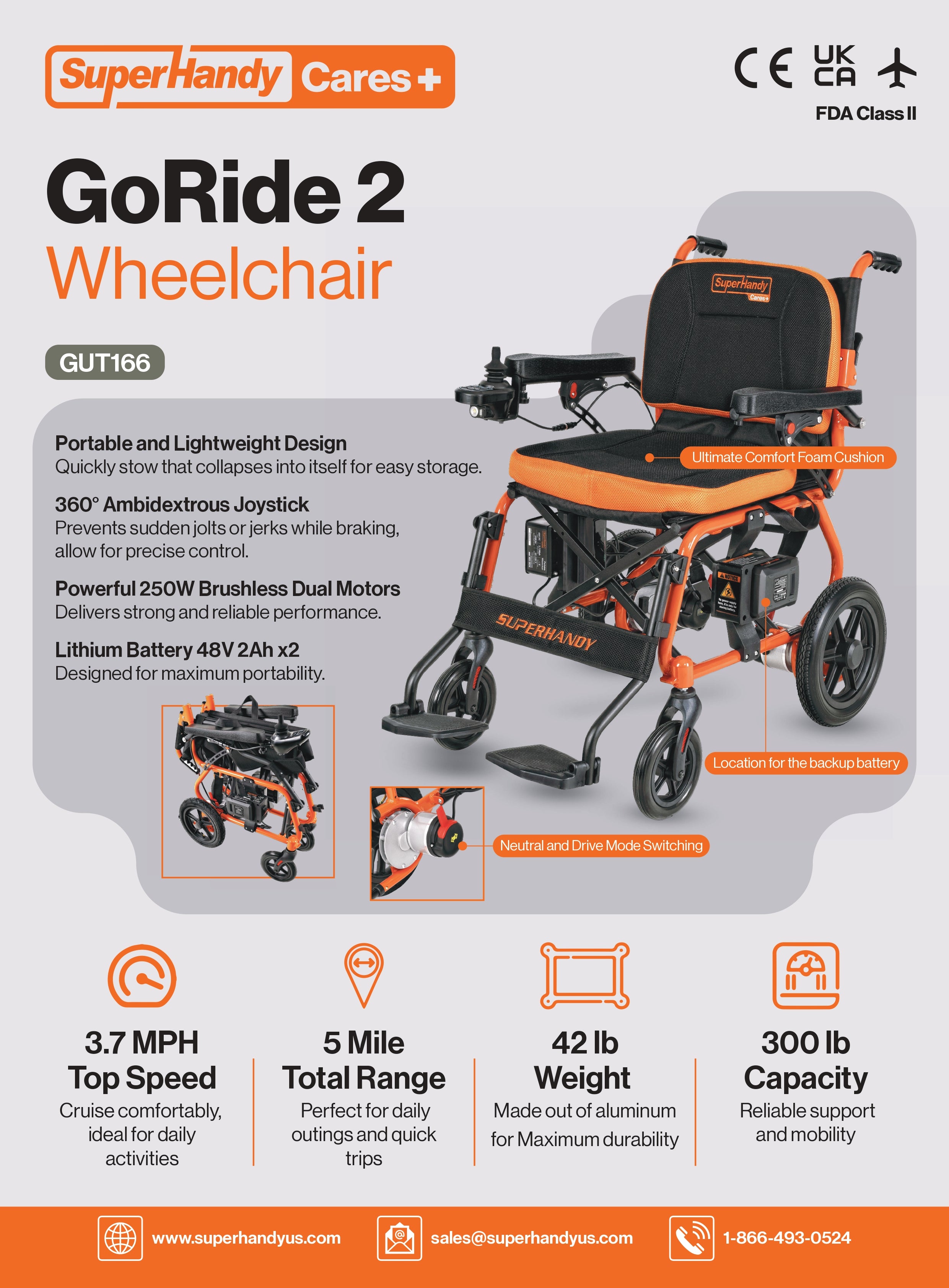 SuperHandy GoRide 2 GUT166 Folding Power Wheelchair — 300 lb, 8