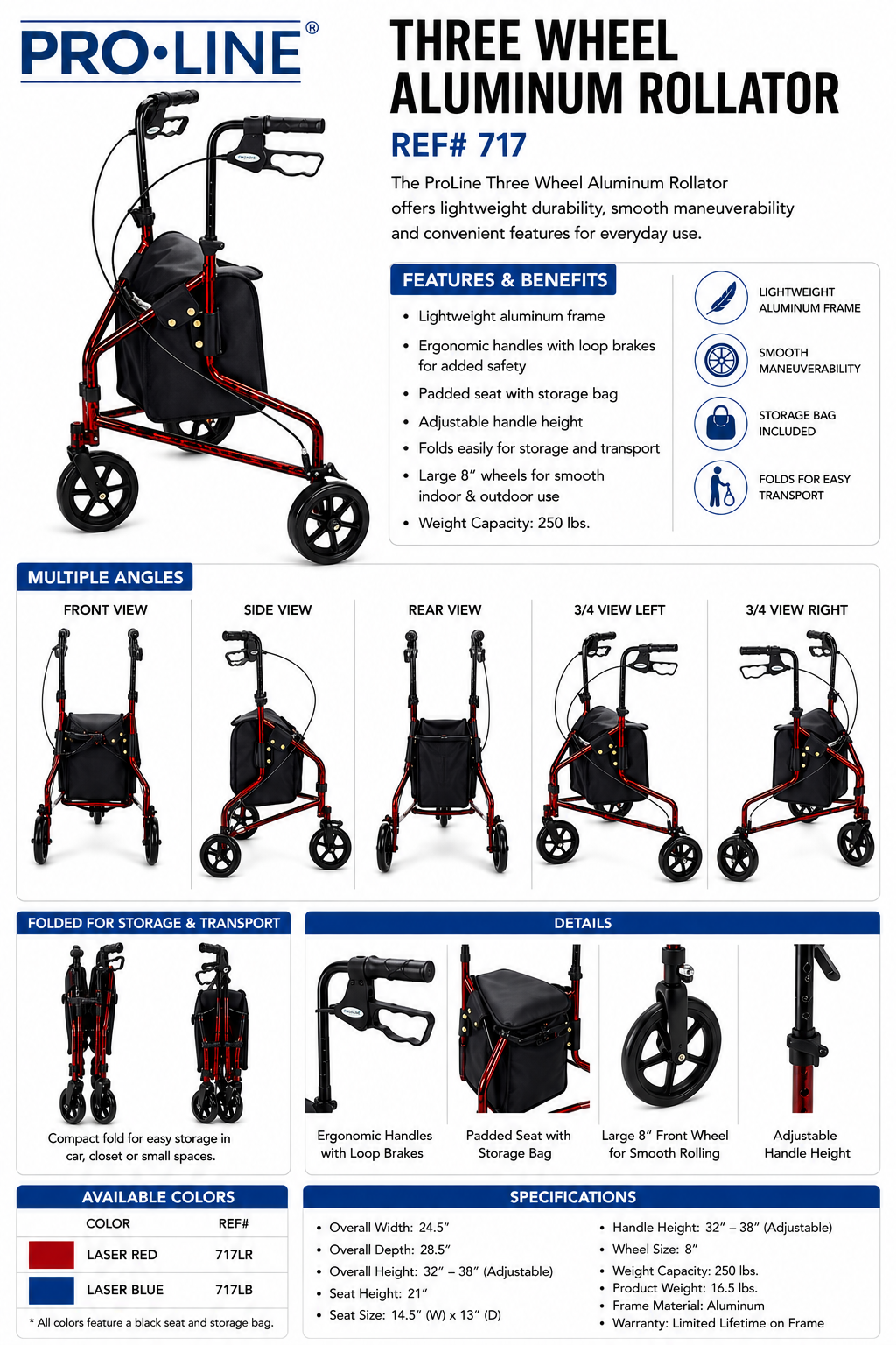 ProLine 717 3-wheel aluminum rollator in red — features, specifications, and multiple angle views including folded position