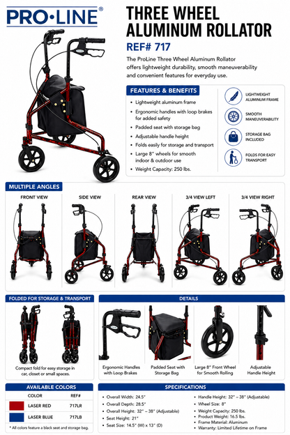 ProLine 717 3-wheel aluminum rollator in red — features, specifications, and multiple angle views including folded position
