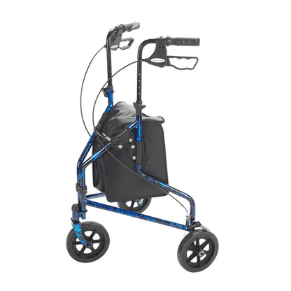 ProLine 717LB 3-wheel rollator in blue with 8-inch wheels, loop hand brakes, and black tote bag