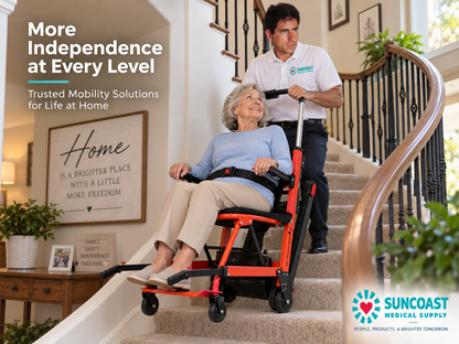 An elderly woman in a orange and black Mobile Stairlift is being pushed up a carpeted staircase by a male caregiver. The scene is set in a bright, modern home interior with a wooden railing and wall decor.