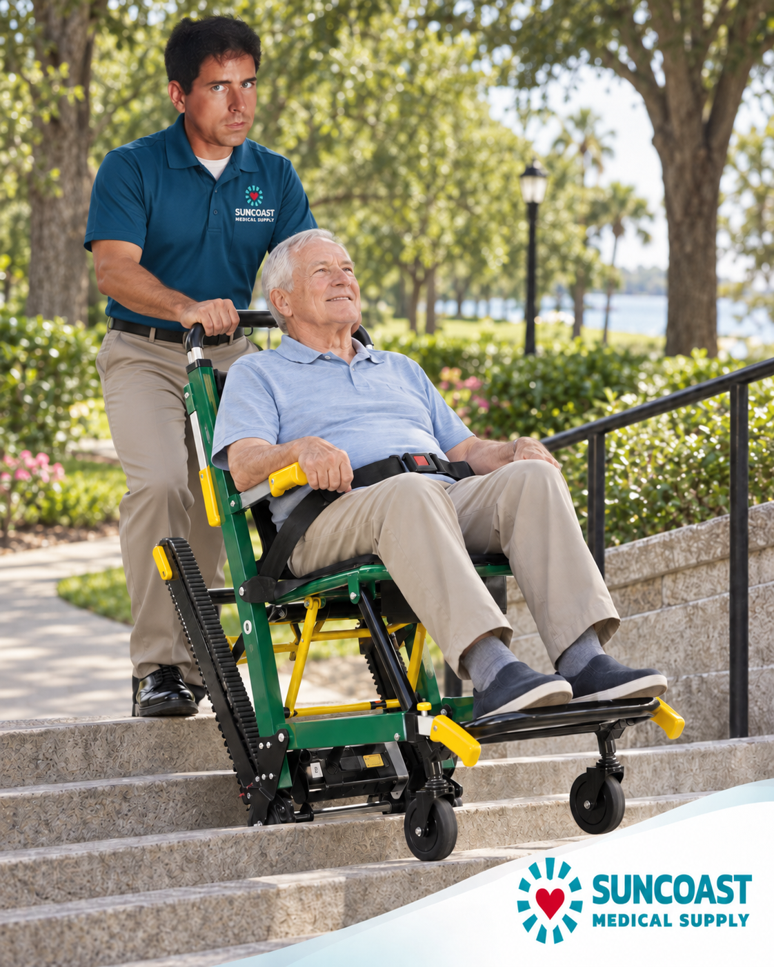 A caregiver pushes a green and yellow Suncoast Medical Supply motorized mobile stairlift up outdoor stone stairs, with an elderly man seated in the wheelchair.