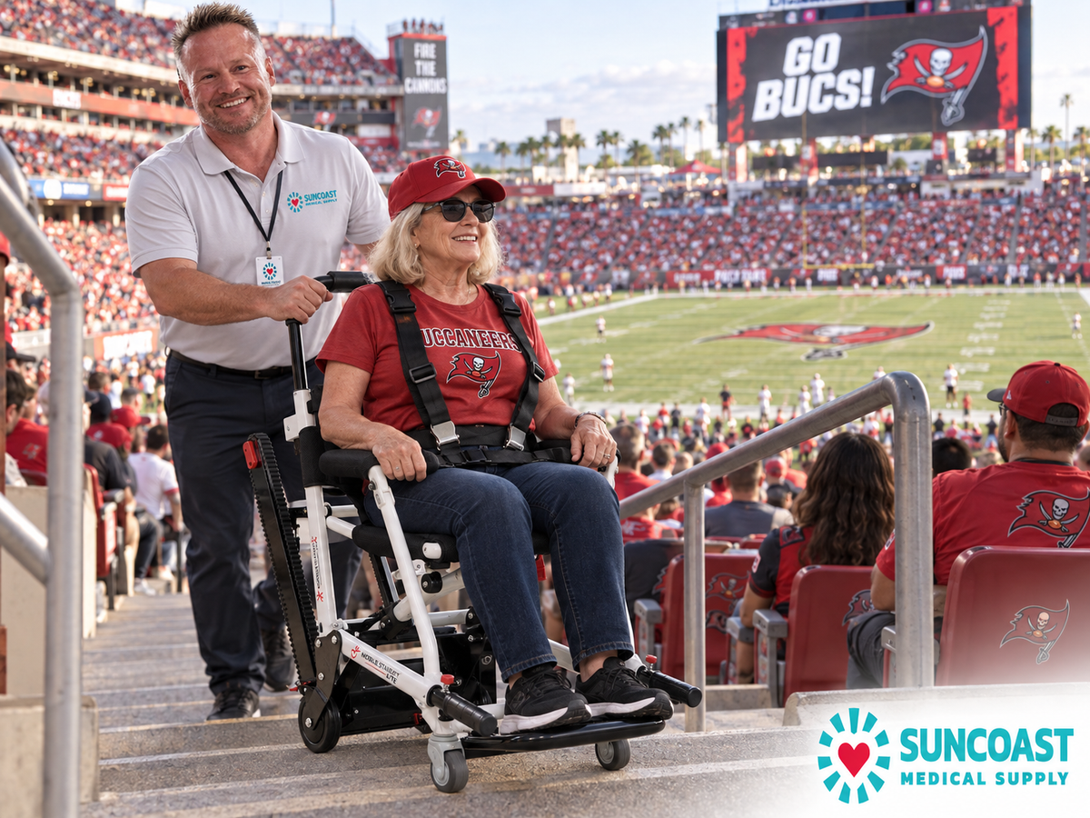 A man pushes a woman in a motorized wheelchair up stadium stairs at a football game, with a Suncoast Medical Supply logo in the bottom right corner.